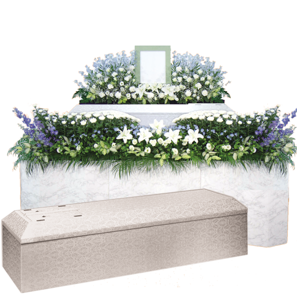 家族葬に最適な、花祭壇と棺のセット。品格ある一段上の家族葬